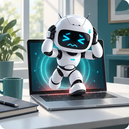 頭を抱えてエラーや誤操作に困惑するAIエージェント