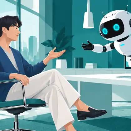明るいオフィスで椅子に座る男性と握手を交わすように手を伸ばすAIロボット。AIエージェント対応のホームページとは？