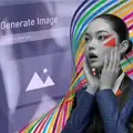 「Generate Image」と書かれた入力画面の前で、カラフルな流線が背後を走る中、頬に手を当てて驚く女性のイラスト｜AI活用型Webシステム開発のご案内