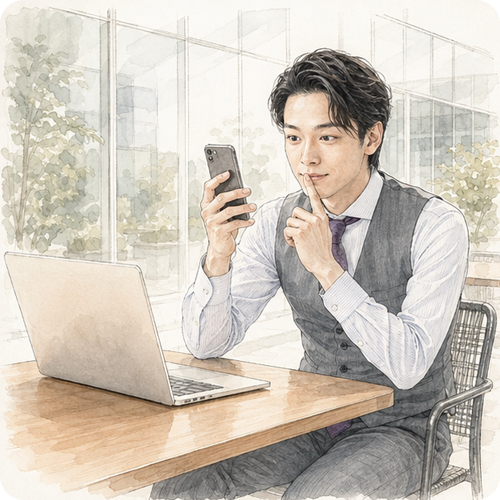 驚きと感心を持ってスマートフォンを見つめる男性。AI検索利用率の急増を示すイメージ。