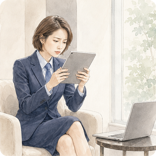 剣な表情でタブレットを見つめ、少し眉をひそめて思考を巡らせる女性。識別子の不統一などの問題を特定するイメージ。