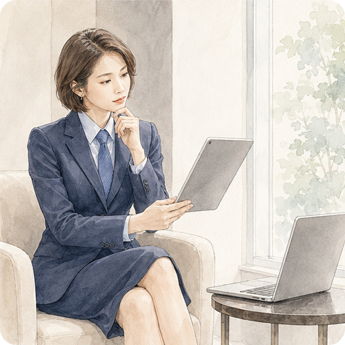 鋭い視線でタブレットを見つめ、顎に手を当てて深く考え込む女性。表示テキストと機械可読情報の不一致などの原因を究明するイメージ。