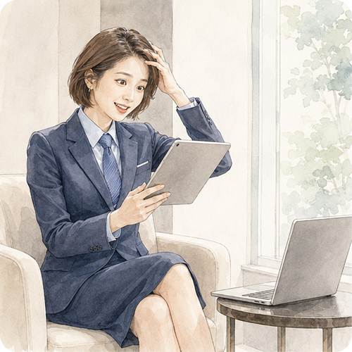 少し前のめりになってタブレットを覗き込み、苦笑いを浮かべる女性。リンク書き換え漏れなどの実装ミスを連想させるイメージ。