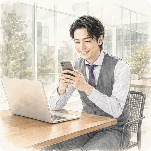 スマートフォンを両手で持ち、穏やかな笑顔で画面を見つめる男性。GPT-5.6の無料プラン搭載を喜ぶイメージ。