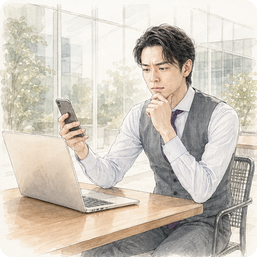 スマートフォンを片手に持ち、もう片方の手を顎に添えて真剣に考え込む男性。Google広告のAI Maxへの移行を思案するイメージ。
