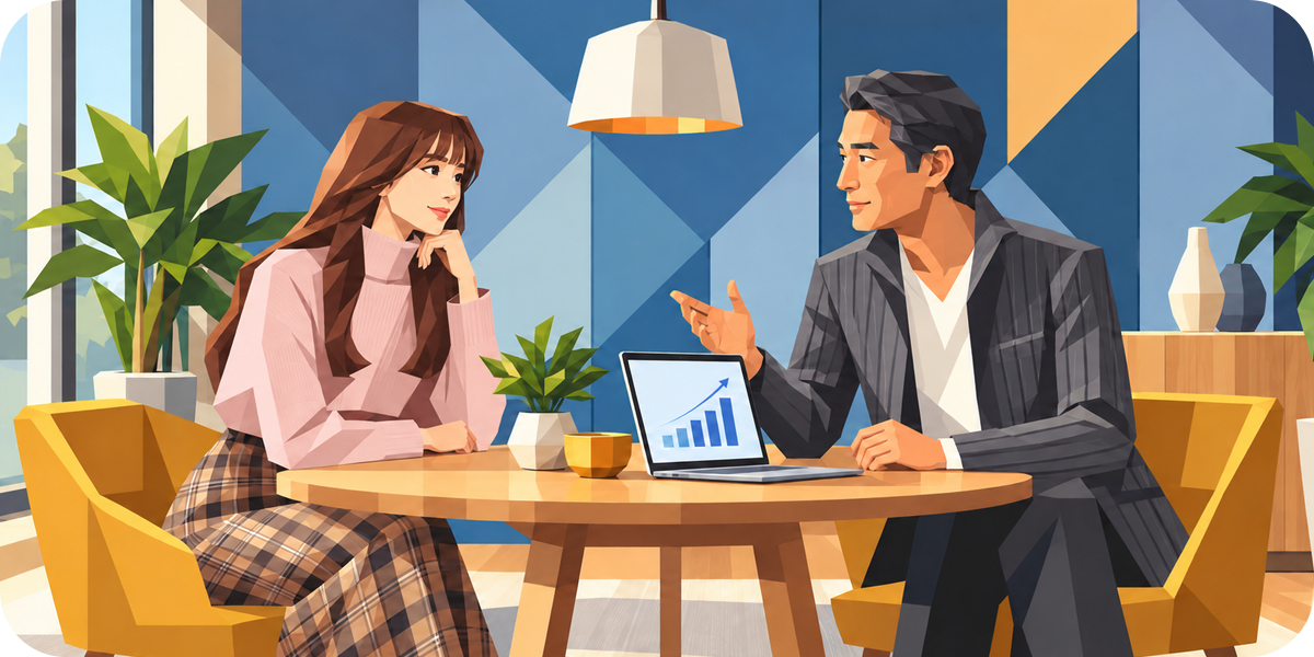 明るいラウンジで、右肩上がりのグラフを映したノートパソコンを囲み、AI検索の動向について話し合う男性と女性のイラスト。2026年10月のAI検索対策アウトルックのイメージ。