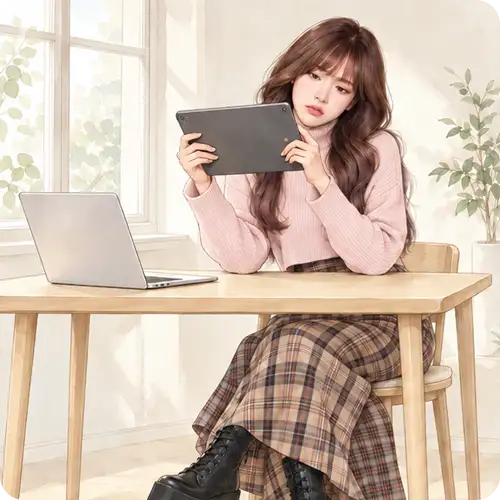 窓辺のテーブルでタブレットを手に、頭に手を添えて苦笑いを浮かべる女性。AIの参照元の名前が想定と違ったことに気づくイメージ。