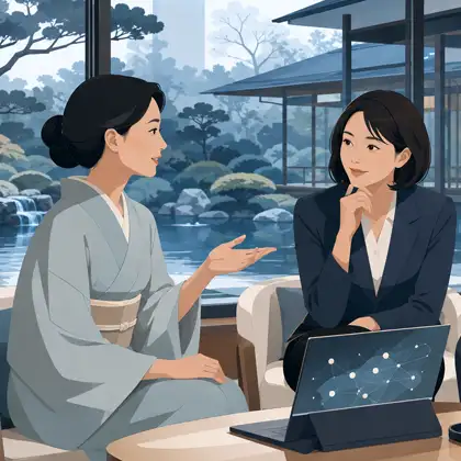 庭園を望む空間で、着物姿の女性がAI対応型ホームページについてビジネス女性に語りかける様子。専門用語なしでわかる、制作・リニューアル前に知っておきたい入門ガイド。