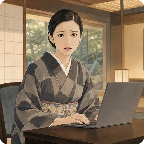 着物姿の女性が困惑した表情でノートPCを見つめる様子｜AIに誤った内容で紹介されるリスクのイメージ