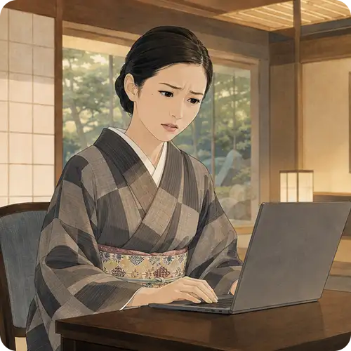 着物姿の女性が心配そうな表情でノートPCを見つめる様子｜AIに紹介されず終わってしまうイメージ