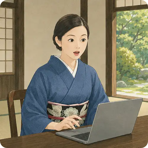 着物姿の女性が驚いた表情でノートPCに向かう様子｜検索の入口が変化しているイメージ