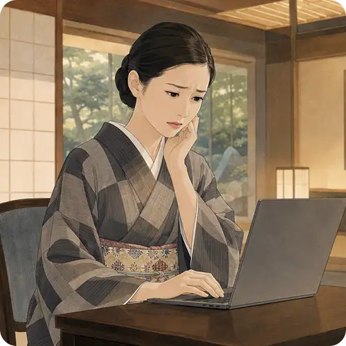 着物姿の女性が困った表情で頬に手を当てながらノートPCを見つめる様子｜AIの紹介候補から漏れてしまうイメージ