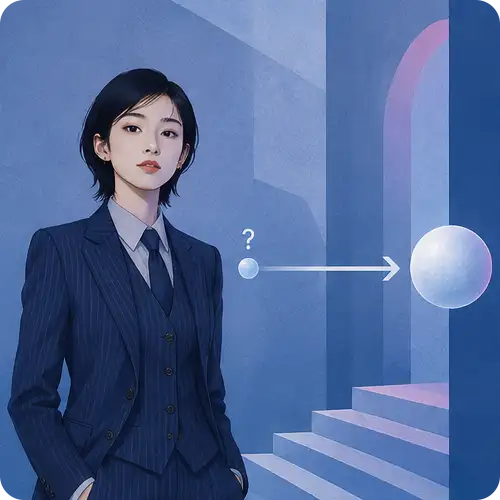 問いから答えへ矢印が伸びる図を示す紺色スーツの女性のイラスト|質問に直答する文章(AEO)のイメージ