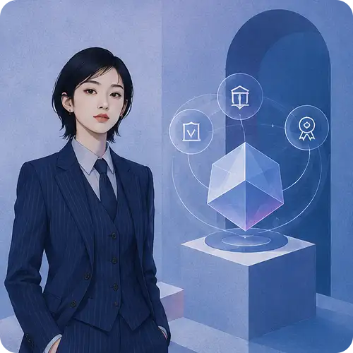 チェック・受賞などの信頼アイコンに囲まれた立体を示す女性のイラスト|発信元の信頼性(E-E-A-T)のイメージ