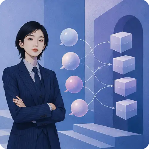 複数の吹き出しを整理された箱へつなぐ図を示す女性のイラスト|FAQ最適化のイメージ