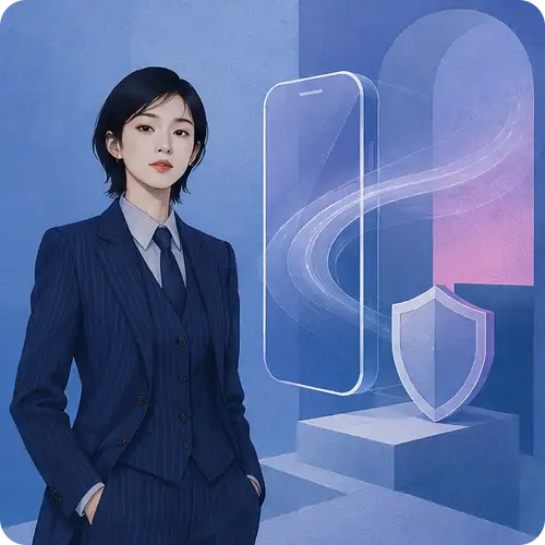 スマートフォンと盾のマークを示す女性のイラスト|表示速度・モバイル・常時SSLなど土台のイメージ