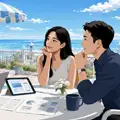 海辺でPCを見ながら相談する二人｜ホームページリニューアルのご案内