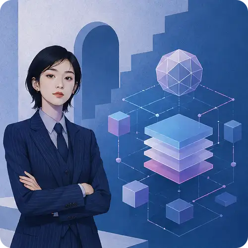 情報が層状に整理された立体図を示す女性のイラスト|構造化データのイメージ