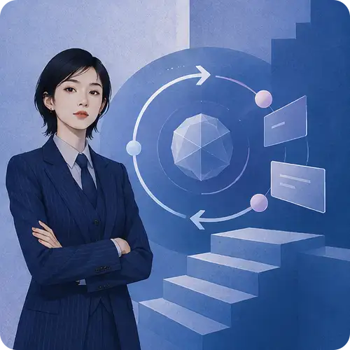 循環する矢印と更新カードを示す女性のイラスト|継続的な更新・運用のイメージ