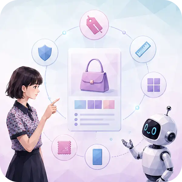 AIが読みやすい商品情報の整理を示すイラスト：価格・サイズ・素材などを項目別に明示した商品ページ