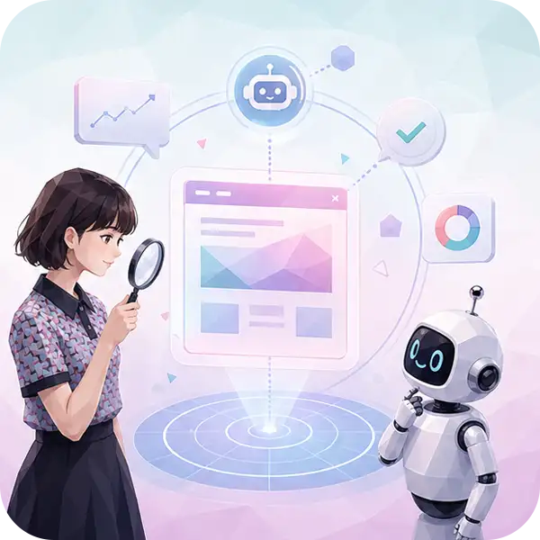 AI検索での自社評価の可視化を示すイラスト：虫眼鏡で自社評価を確認する女性とAIロボット