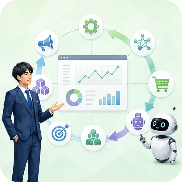 STEP7：AI動向に合わせた継続伴走をイメージしたイラスト：最新のAI技術トレンドを把握しながらサイトを育てる様子