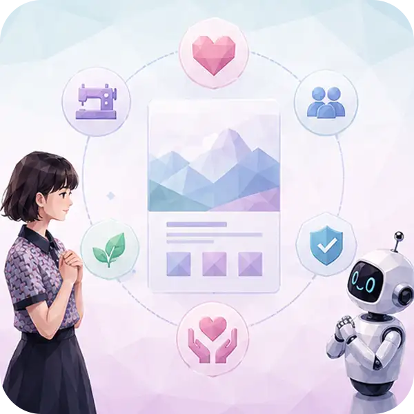 ブランドストーリーの言語化を示すイラスト：ブランドの歴史や想いを言葉にする様子