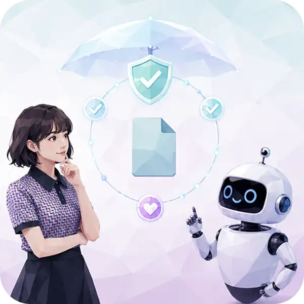 llms.txtはデメリットなしで安心して導入できることを示すイラスト：書類を傘で守るAIロボットと女性