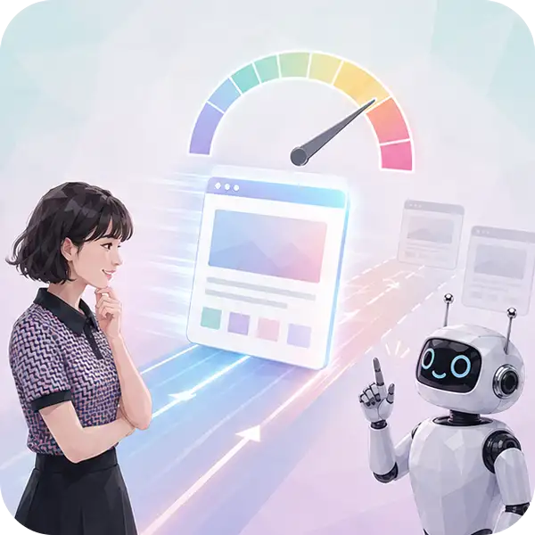 表示速度の最適化でAIに選ばれるサイトのイメージ：高速表示のメーターを示すイラスト