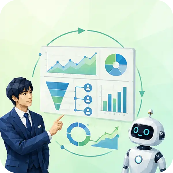 STEP6：AI検索での効果モニタリングをイメージしたイラスト：引用状況や流入数をダッシュボードで可視化する様子