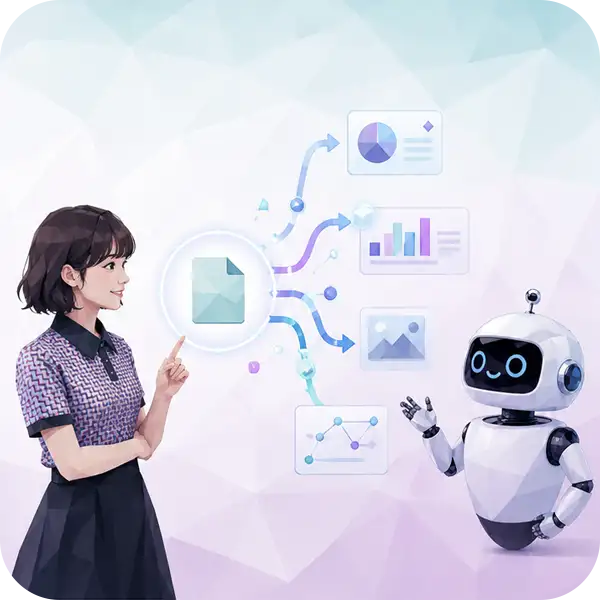 AIが重要情報を見つけやすくなることを示すイラスト：データを抽出するAIロボットと女性