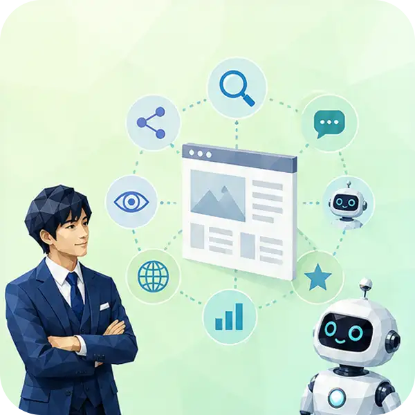 STEP1：AI検索上の現在地を多面的に診断するイメージイラスト：男性スタッフとAIロボットがダッシュボードを確認する様子