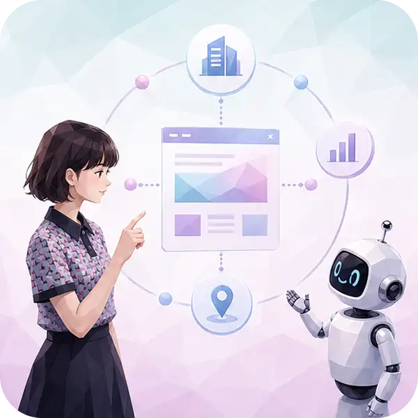 商品情報のAI向け整理を示すイラスト：会社・サービス情報をAIが読み取りやすく整える様子