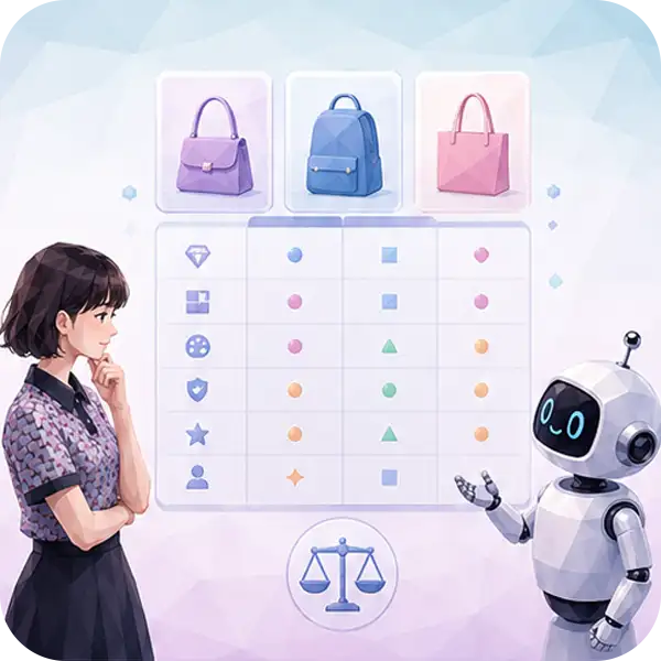 比較しやすい仕様一覧表の用意を示すイラスト：複数商品を比較表で並べたページ