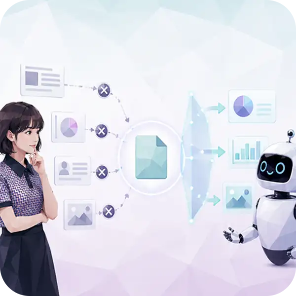AIによる誤情報の拡散を防げることを示すイラスト：誤情報をフィルタリングするAIロボットと女性