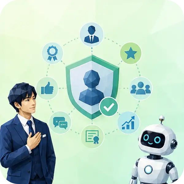 STEP4：AIに伝わる信頼性の証明強化をイメージしたイラスト：実績・お客様の声・第三者評価などの信頼シグナルを示す様子