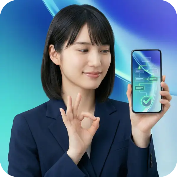 AI検索対策（AEO）の導入ステップとワークフローが完了し、OKサインを送る女性