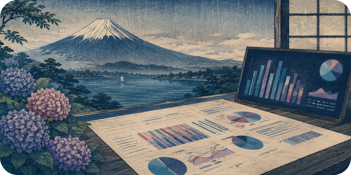 富士山と湖、6月の紫陽花を背景に、和室の縁側でグラフのレポートとダッシュボード画面を広げた浮世絵風イラスト｜AI流入実測レポート（2026年6月版）のイメージ