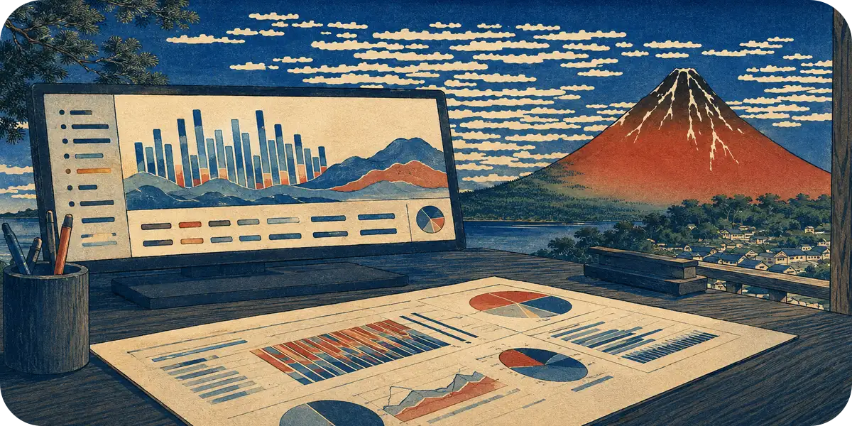 富士山を背景にグラフが表示されたモニターと資料が置かれたデスクの浮世絵風イラスト（2026年8月版AI流入実測レポート）