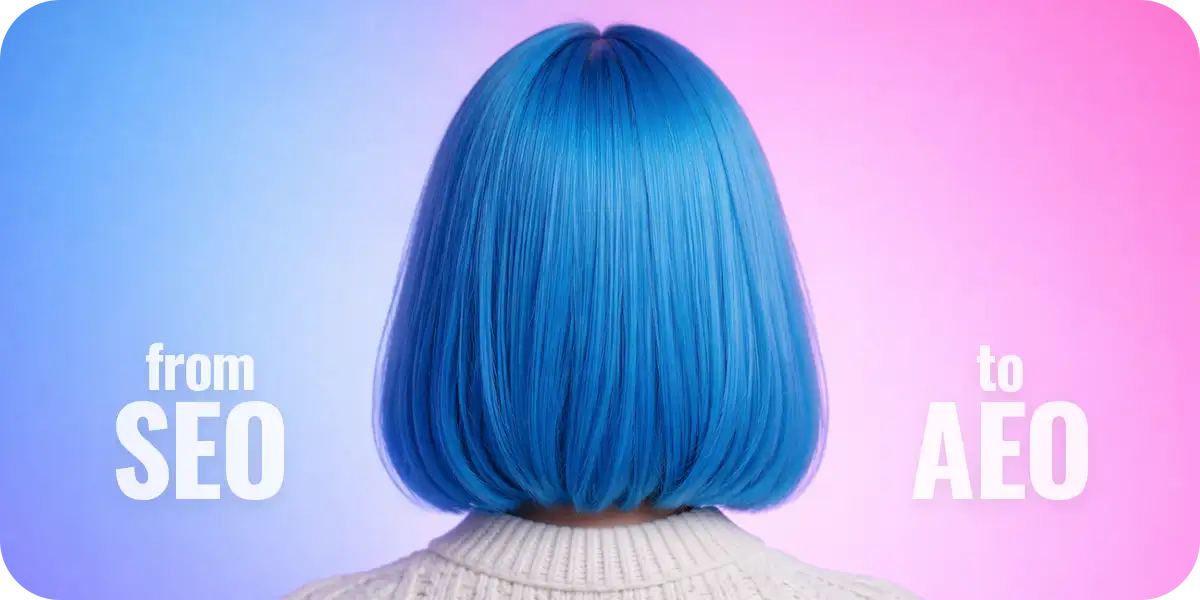 「From SEO to AEO」の文字と、検索のAI化に驚く女性のイメージ画像