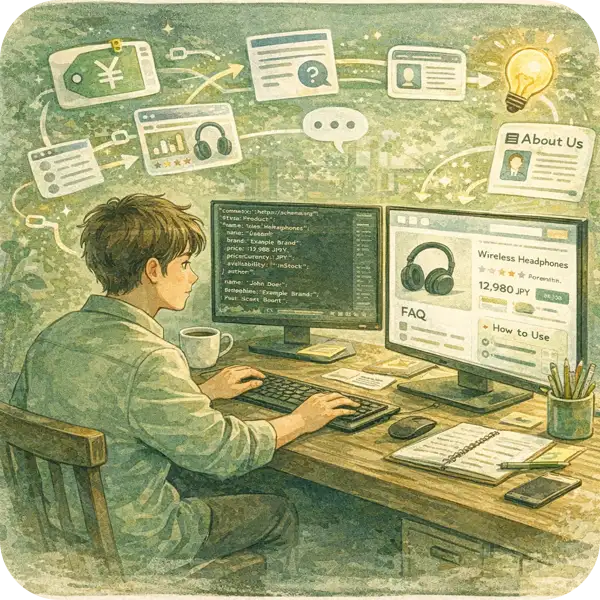 価格・在庫・著者情報などを構造化データで正しく伝え、AIが理解できる状態にする概念図