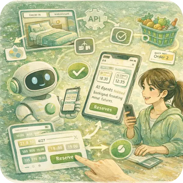 予約・購入をAIでも完了しやすくするために、入力負荷を下げ、在庫や空席などの最新情報を正確に出す設計イメージ