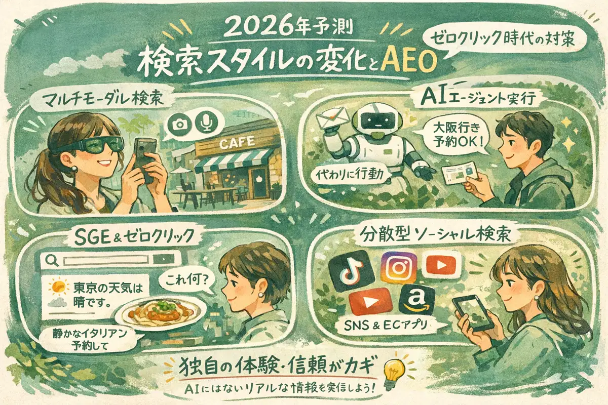 AI時代の検索スタイルを象徴する、スマートフォンを使う女性