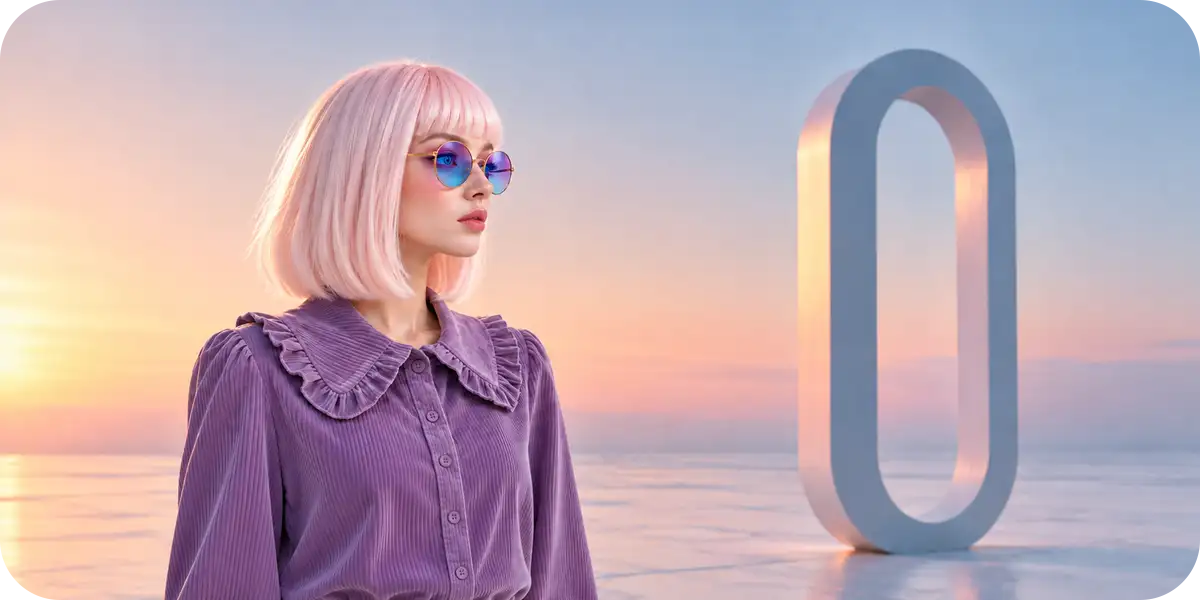 夕焼けの水辺で、巨大な「0」のオブジェを見つめるピンク髪にサングラスの女性。クリックゼロでもAIに選ばれる、ゼロクリック検索時代のホームページ設計