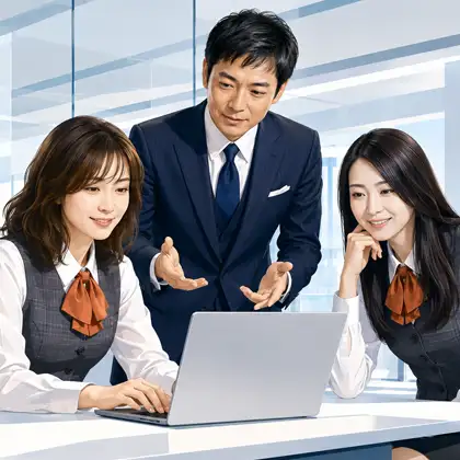 ノートPCを囲みながら男性が身振りを交えて2人の女性スタッフに説明する様子｜AI搭載CMSのご案内