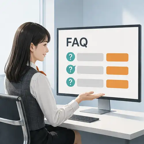 オフィスの女性がモニターに表示されたFAQ一覧を手のひらで示す様子|FAQ自動生成のイメージ