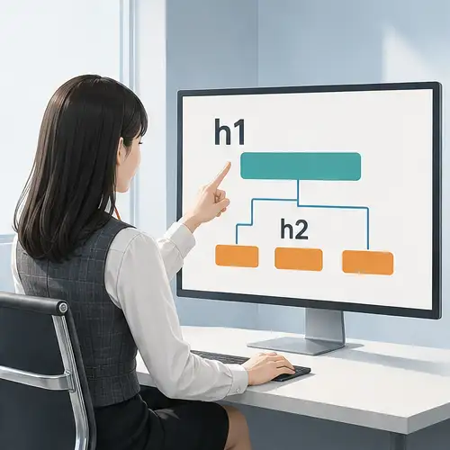 オフィスの女性がモニターに表示された「h1」から複数の「h2」へ枝分かれする階層図を指差す様子|見出しID自動生成のイメージ