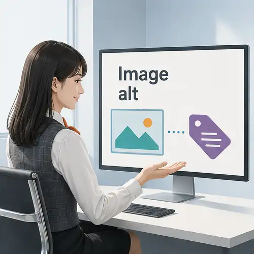オフィスの女性がモニターに表示された画像アイコンとaltタグを見つめる様子|画像(イラスト)・alt自動生成のイメージ