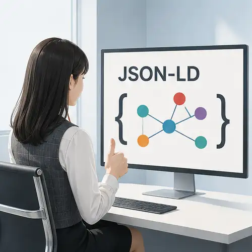 オフィスの女性がモニターに表示されたJSON-LDの構造化データ図に親指を立てる様子|JSON-LD自動生成のイメージ