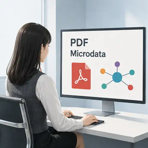 オフィスの女性がモニターに表示されたPDFアイコンとマイクロデータの連携図を見つめる様子|PDF等添付ファイルへのマイクロデータ付与のイメージ